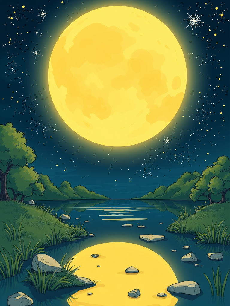 cartoony nighttime scene of a bright moon made of cheese, with a starry sky reflecting off of a lake